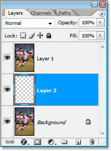 Photoshop's Layers palette showing the new blank layer between the two initial layers.