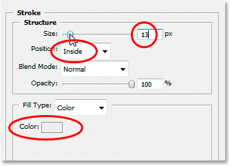 The 'Stroke' options in Photoshop's 'Layer Style' dialog box.